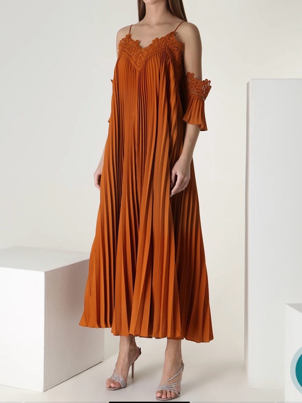 Self-Portrait Camel Pleated Lace Sleeveless Maxi Dress US 2